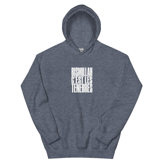 Hoodie Bismillah c'est les ténèbres bleu marine chiné, vue de face