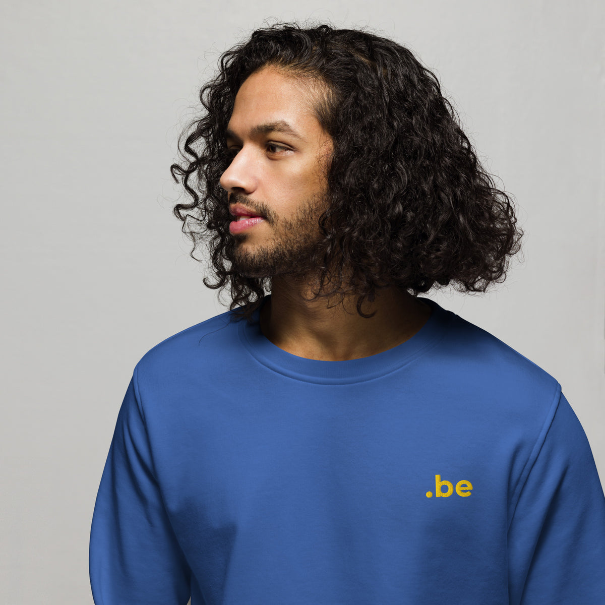 Sweatshirt brodé point Be bleu, porté par un homme