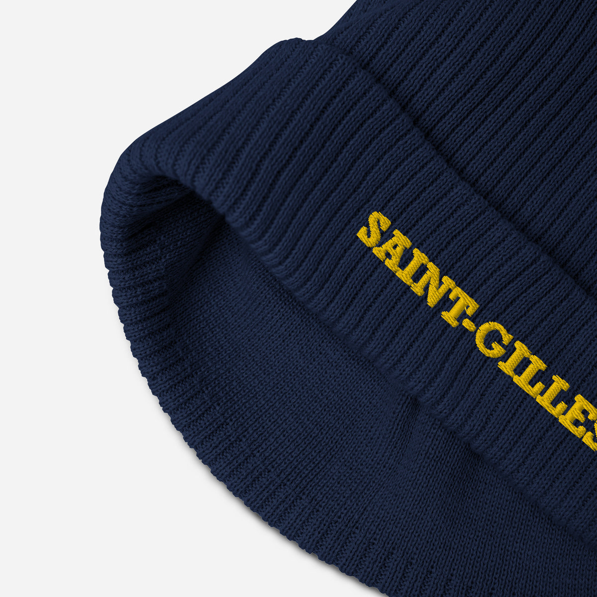 Bonnet côtelé Saint-Gilles bleu marine, en gros plan